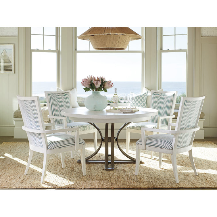 White and Blue Striped Upholstered Wood Arm Chair