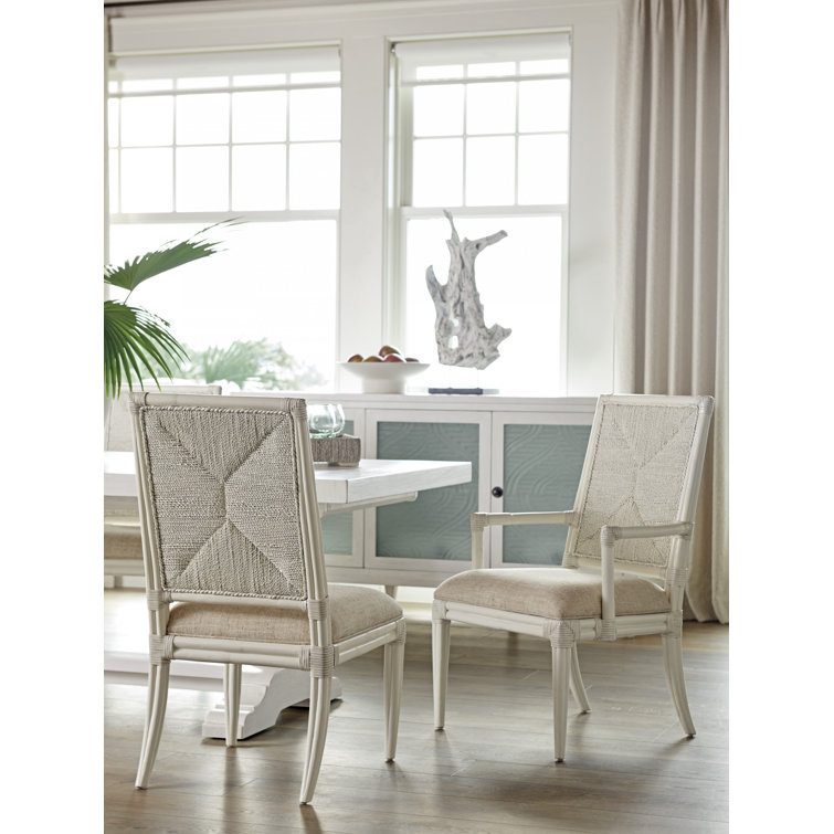 White and Blue Rattan Arm Chair with Upholstered Seat