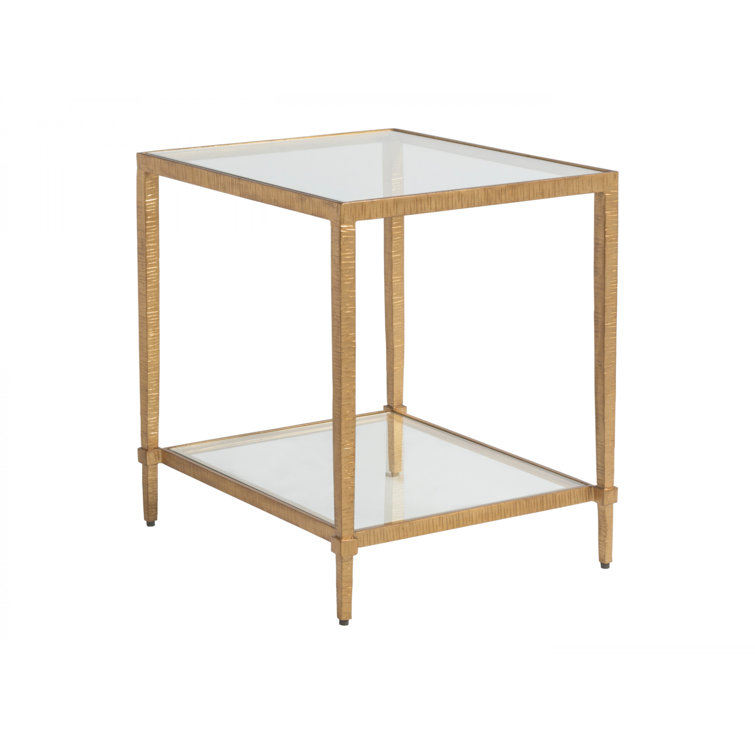 Claret Gold Leaf Hammered Iron Rectangular End Table with Glass Top