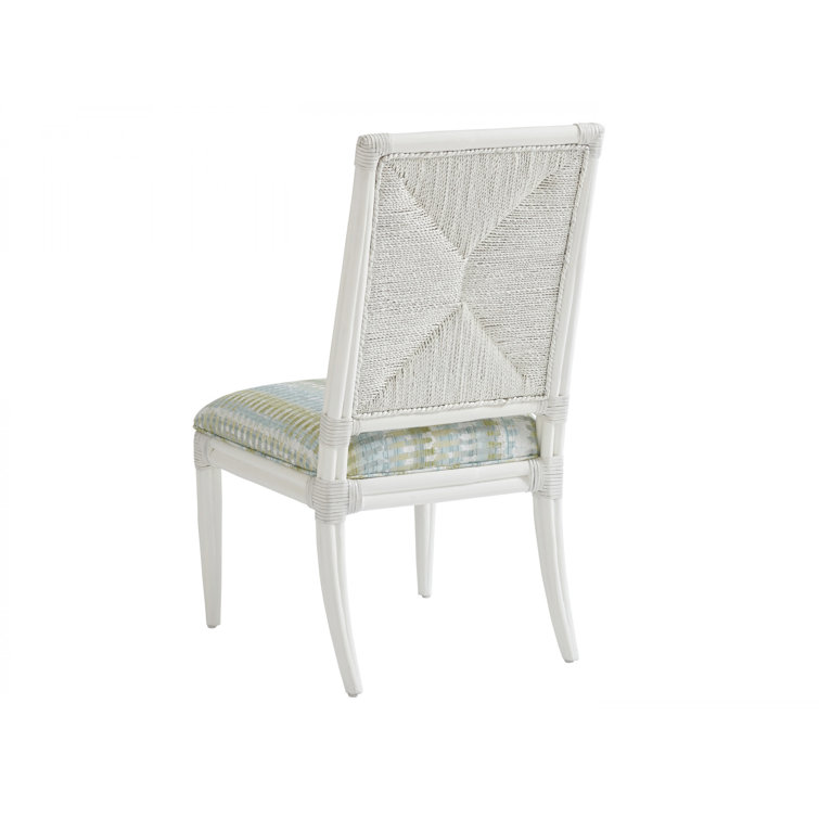 White and Blue Upholstered Leather Rattan Side Chair