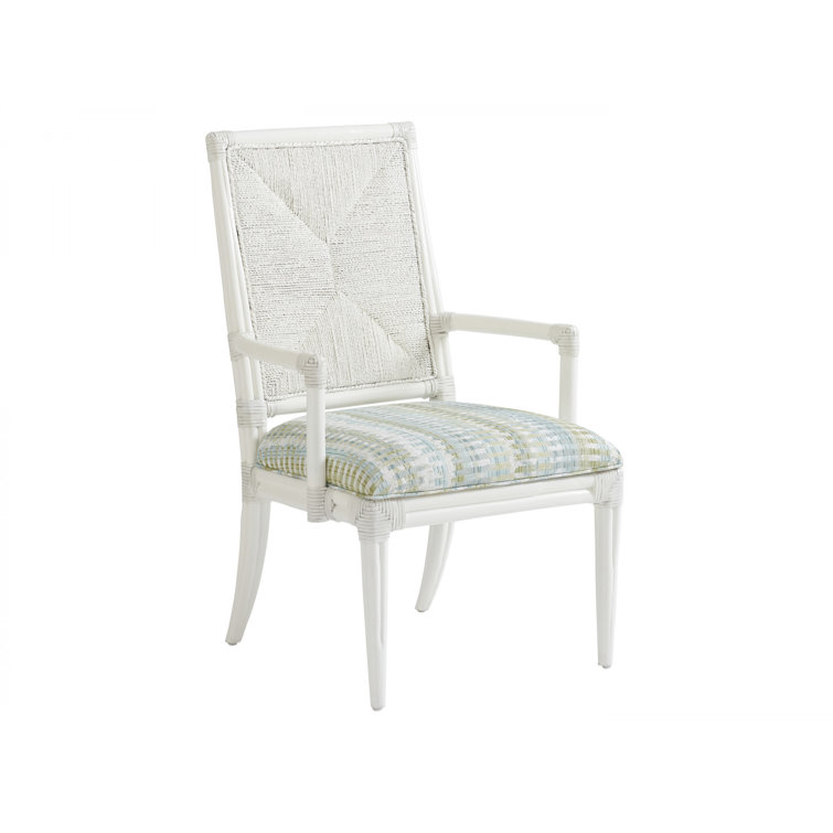 White and Blue Rattan Arm Chair with Upholstered Seat