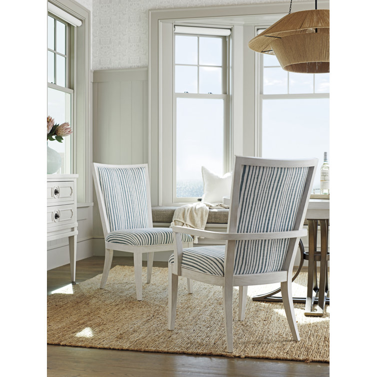 White and Blue Striped Upholstered Wood Arm Chair