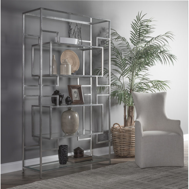 Transitional Silver Leaf Tubular Steel Etagere with Glass Shelves