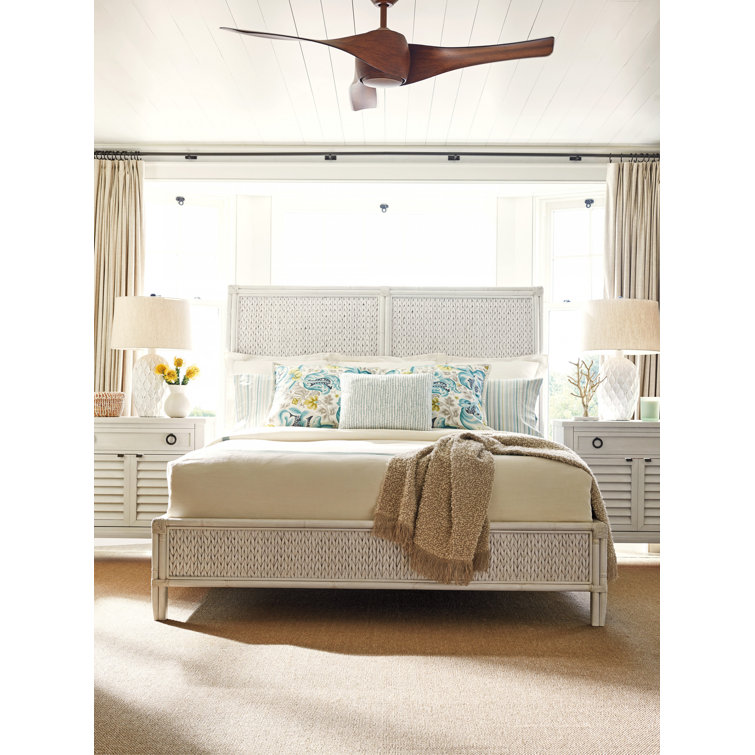 Creamy White Transitional King Sleigh Bed with Woven Rattan Details