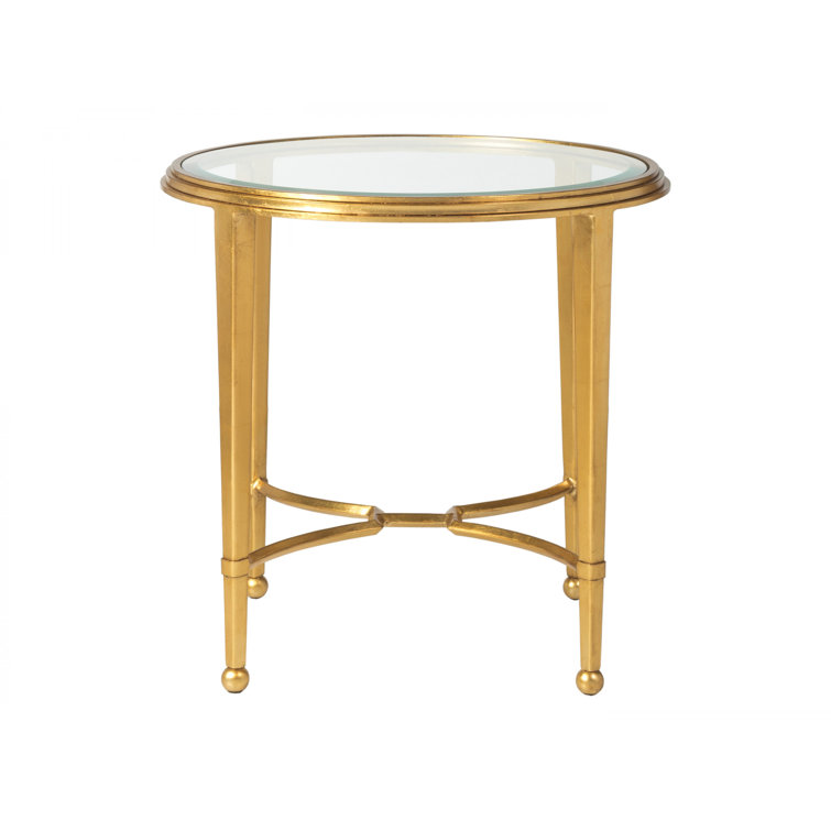 Elegant Transitional 26" Gold Leaf Round Glass End Table