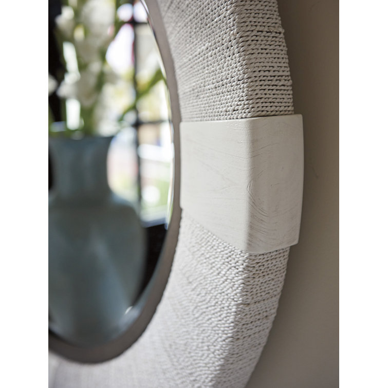 Transitional Cream Leather-Wrapped 42" Round Wood Mirror