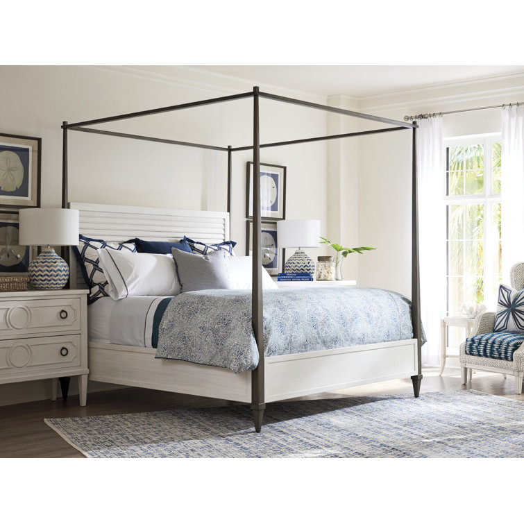 California King White Wood Canopy Bed with Upholstered Headboard