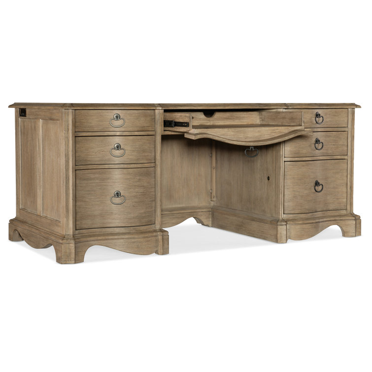 Traditional Beige Solid Wood Executive Desk with Scallop Base and Bronze Accents