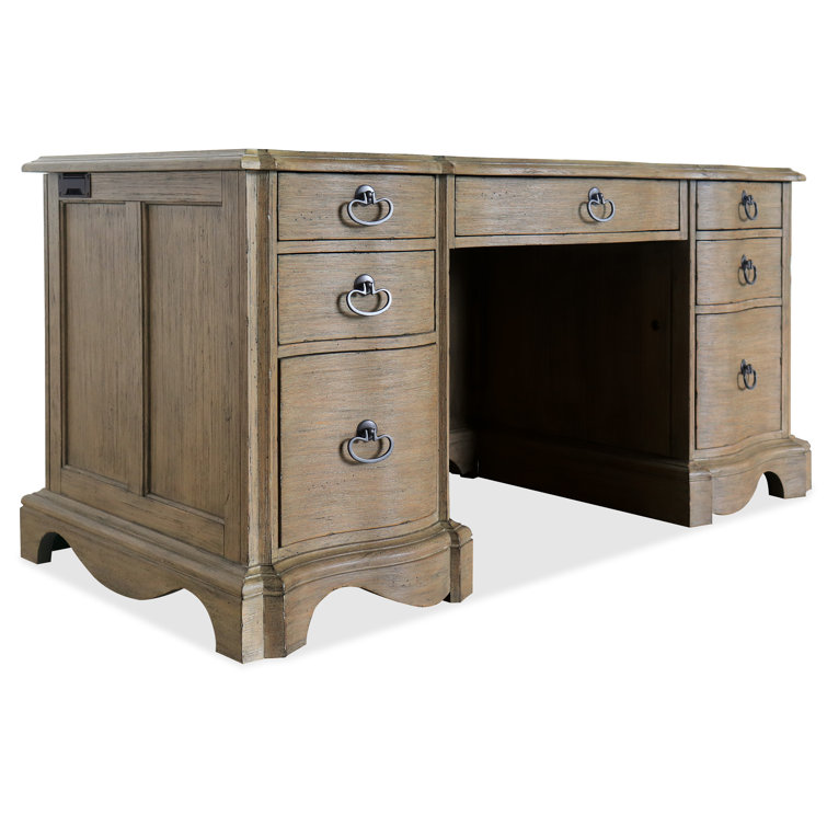 Beige Traditional Executive Desk with 7 Drawers and Keyboard Tray