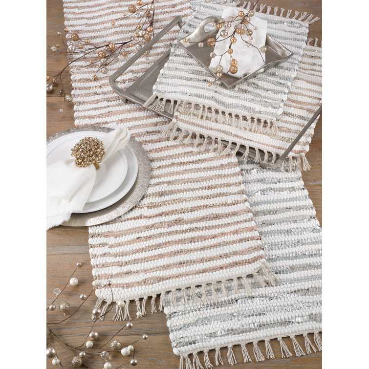 Gold and Beige Striped Cotton Leather Chindi Placemats Set of 4