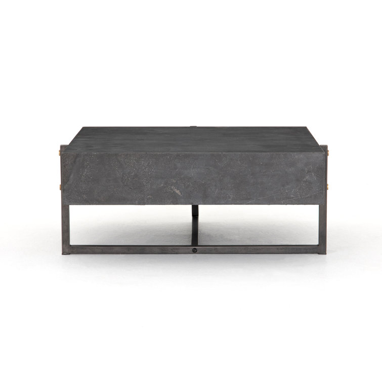 Modern Bluestone Veneer Square Coffee Table with Black Iron Frame