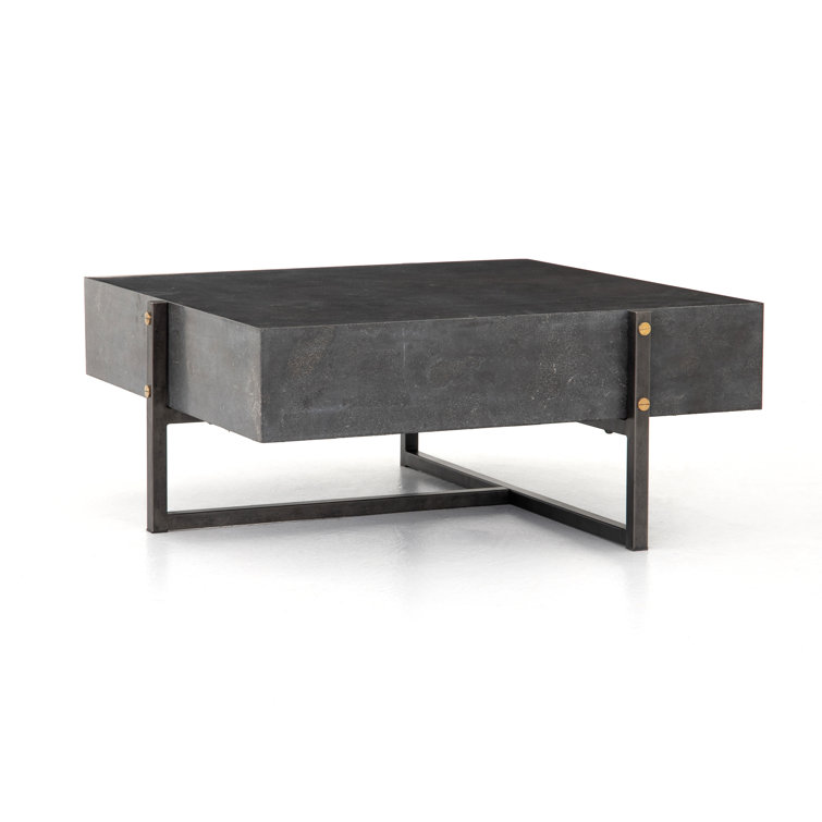 Modern Bluestone Veneer Square Coffee Table with Black Iron Frame