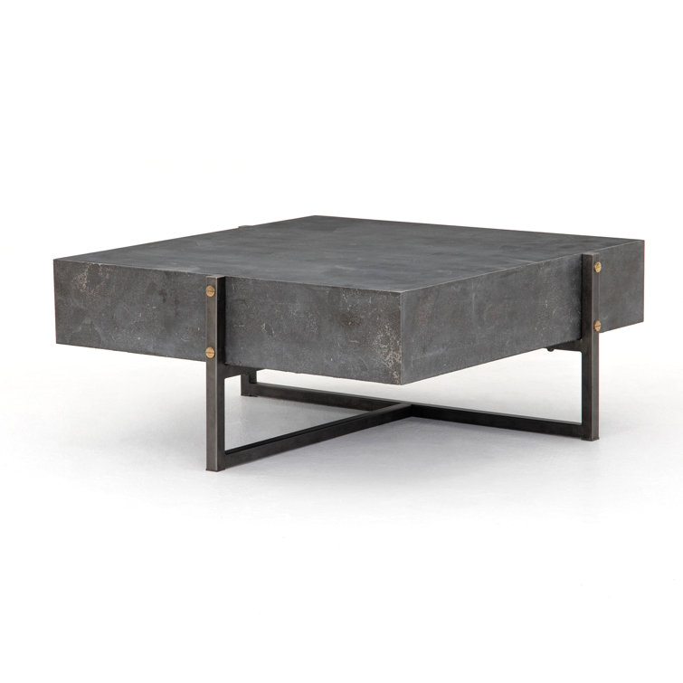 Modern Bluestone Veneer Square Coffee Table with Black Iron Frame