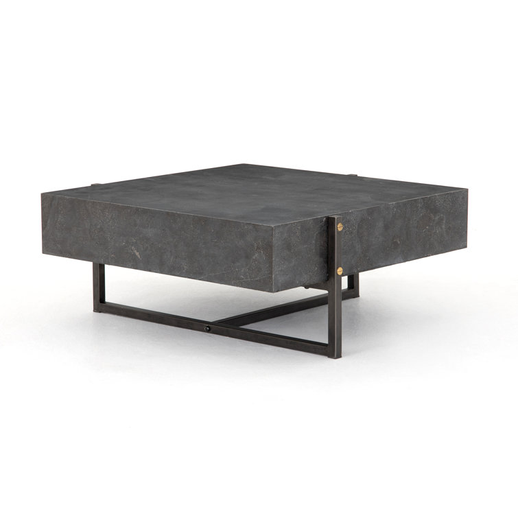 Modern Bluestone Veneer Square Coffee Table with Black Iron Frame