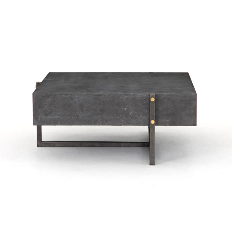 Modern Bluestone Veneer Square Coffee Table with Black Iron Frame