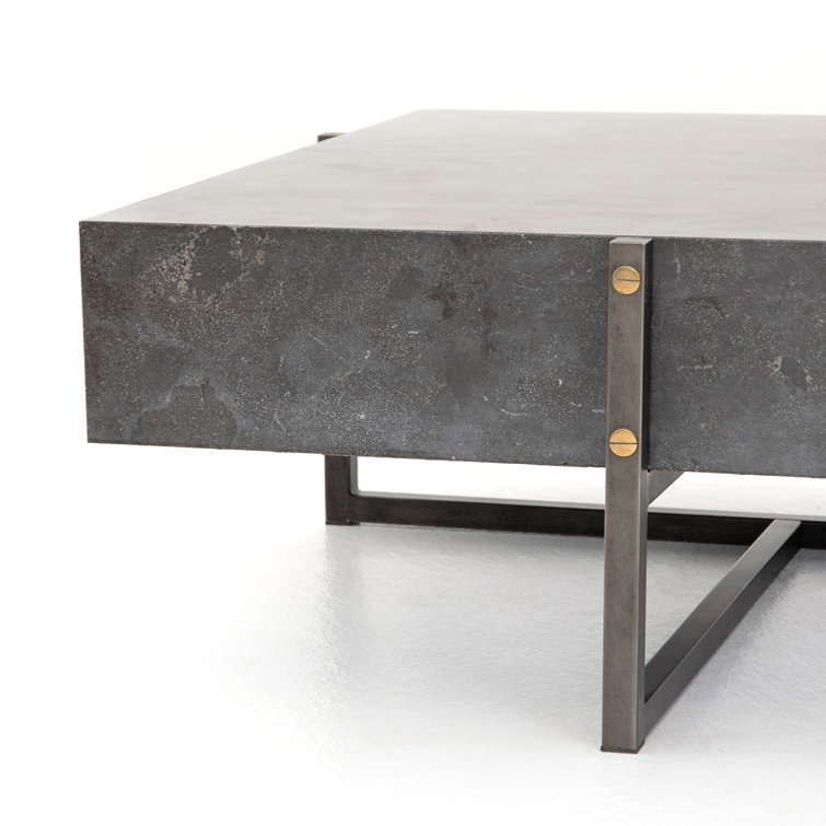 Modern Bluestone Veneer Square Coffee Table with Black Iron Frame