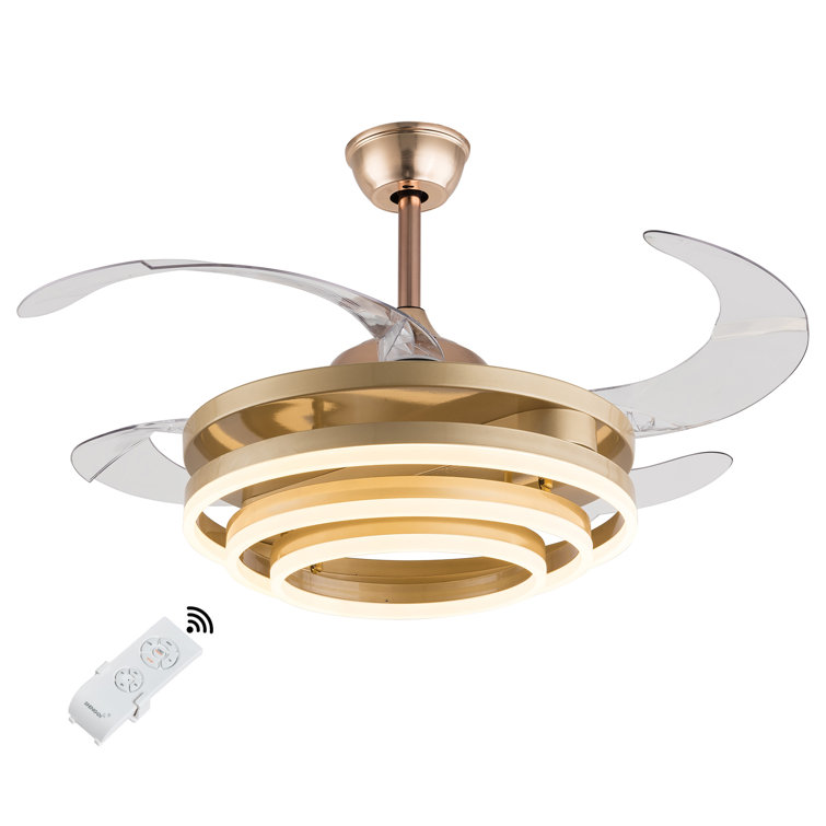 Gold Retractable LED Ceiling Fan Chandelier with Remote Control