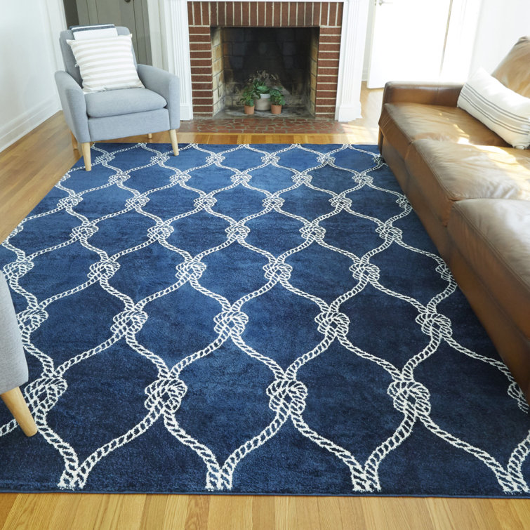 Navy and White Synthetic Trellis Kids Rug, 5'3" x 7'