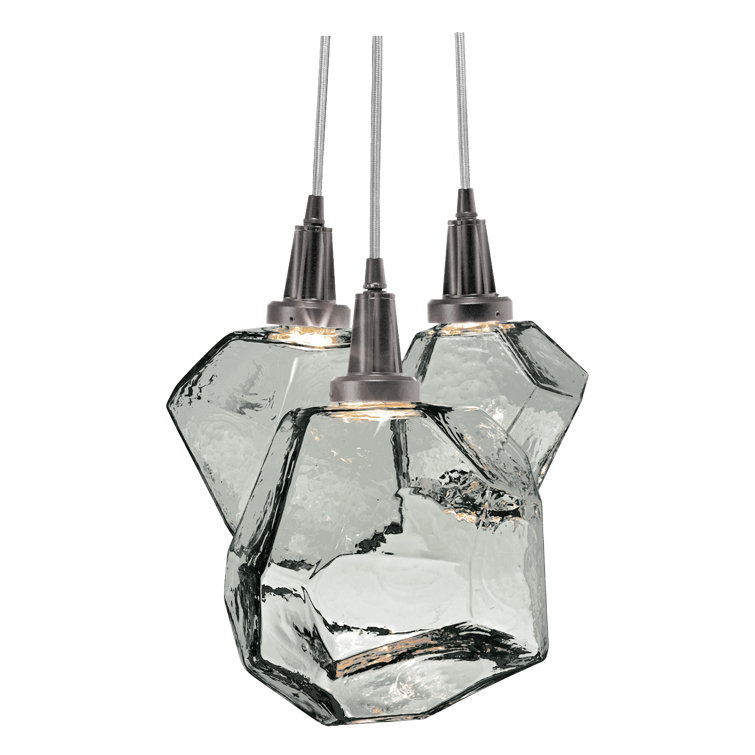 Smoke Glass Gem 3-Light LED Cluster Pendant in Gilded Brass