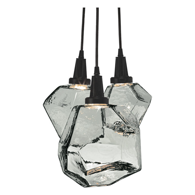 Smoke Glass Gem 3-Light LED Cluster Pendant in Gilded Brass