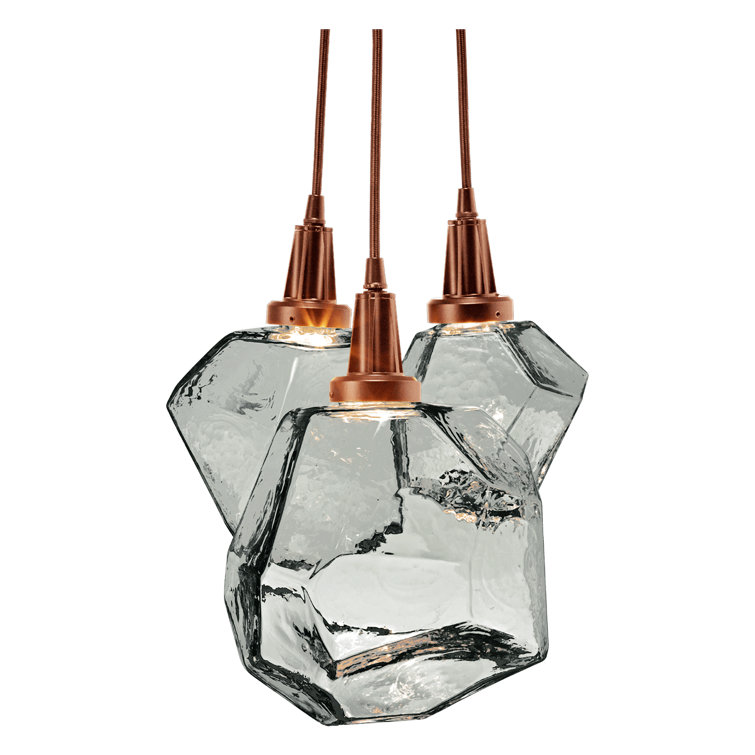 Smoke Glass Gem 3-Light LED Cluster Pendant in Gilded Brass