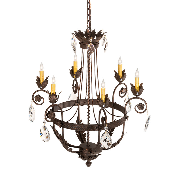 Antique Bronze 6-Light Crystal Chandelier with Faux Candlelights
