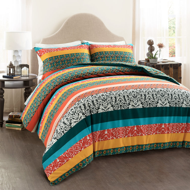 King Turquoise and Tangerine Cotton Boho Stripe Reversible Duvet Cover Set