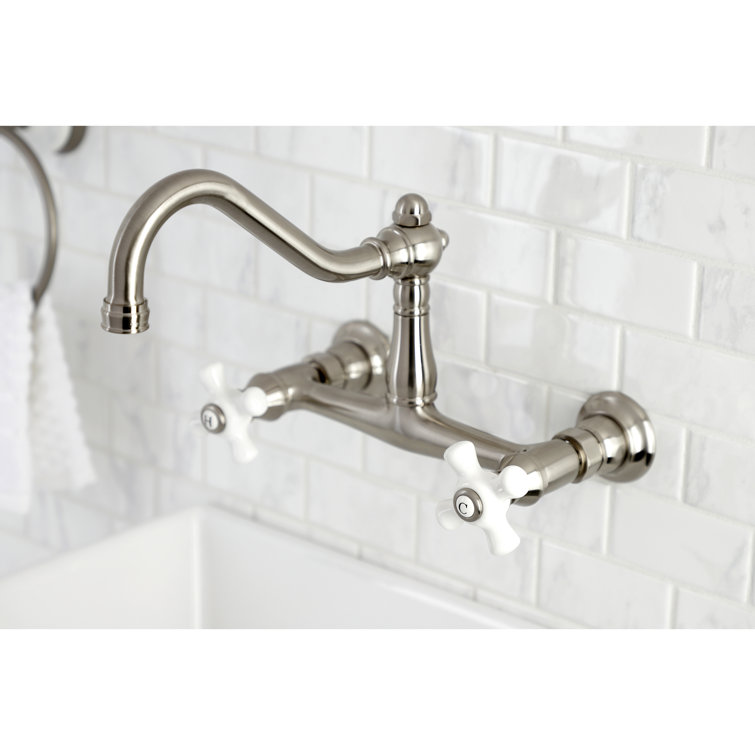 Vintage Polished Nickel Wall Mount Bathroom Faucet with Cross Handles