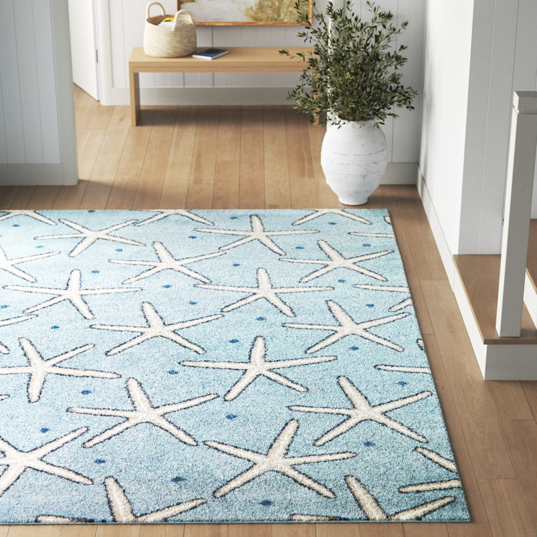 Massau Light Blue Synthetic Coastal Starfish Area Rug