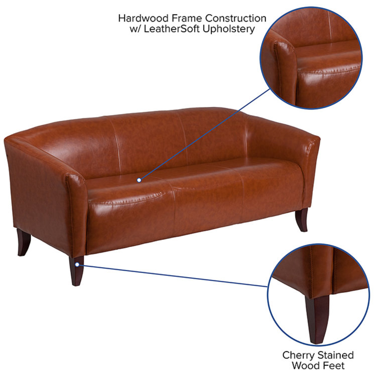 Cognac Faux Leather Tight Back Reception Sofa with Wood Track Arms