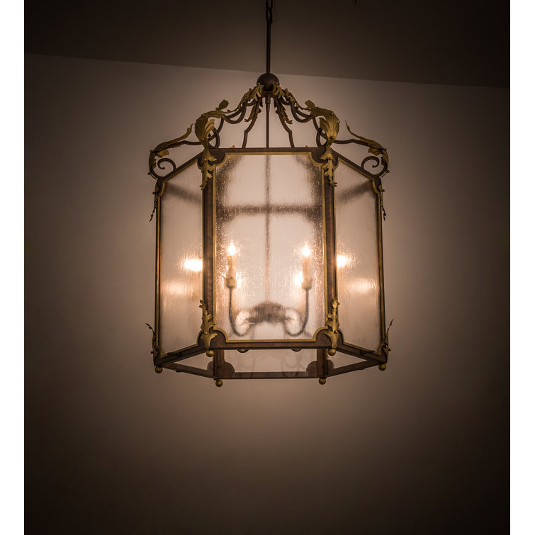 Gilded Tobacco and Gold Highlights 6-Light Lantern Chandelier with Seedy Glass