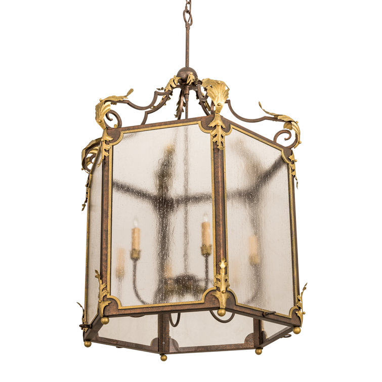 Gilded Tobacco and Gold Highlights 6-Light Lantern Chandelier with Seedy Glass