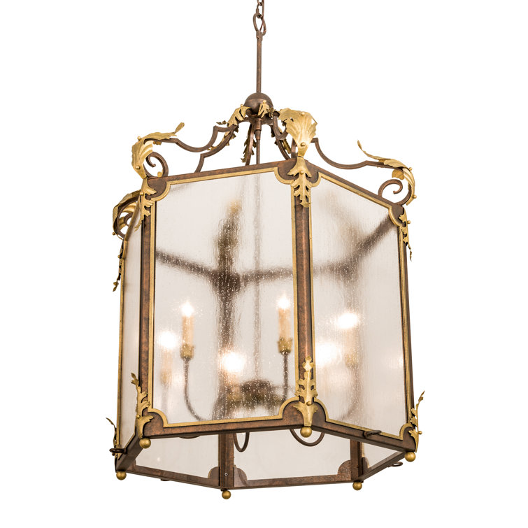Gilded Tobacco and Gold Highlights 6-Light Lantern Chandelier with Seedy Glass