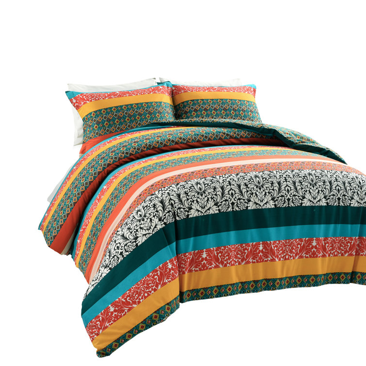 King Turquoise and Tangerine Cotton Boho Stripe Reversible Duvet Cover Set