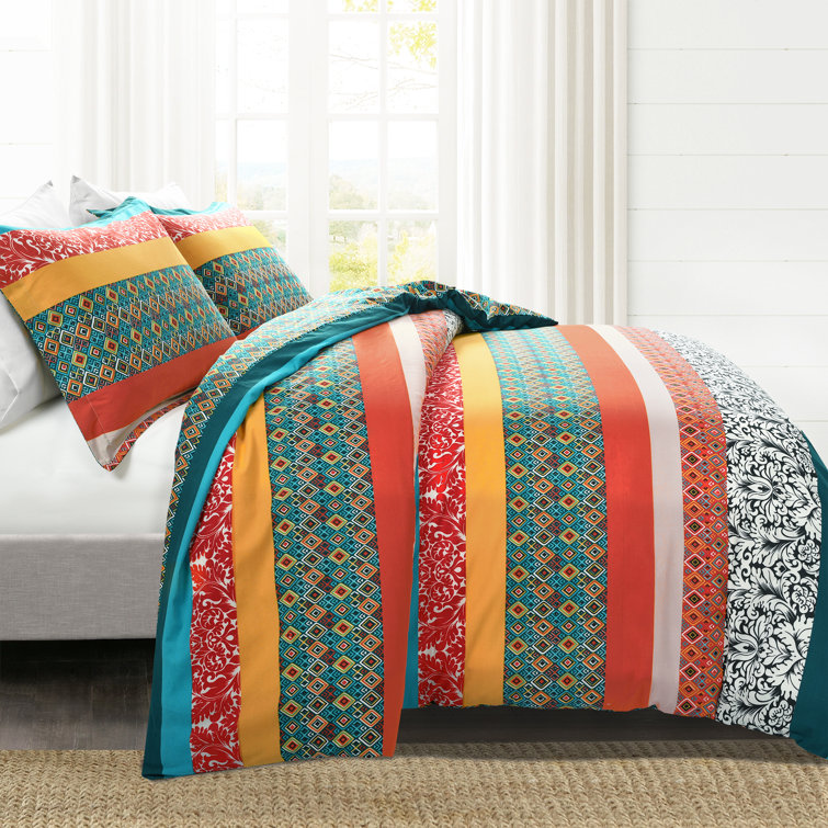King Turquoise and Tangerine Cotton Boho Stripe Reversible Duvet Cover Set