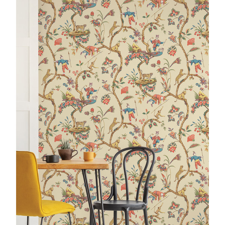 Ecru Chinoiserie Exotic Multicolor Vinyl Peel & Stick Wallpaper