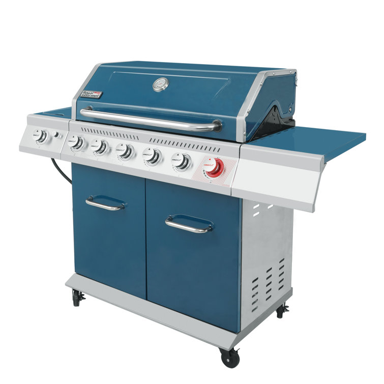 Blue 6-Burner Propane Gas Grill with Side Burner