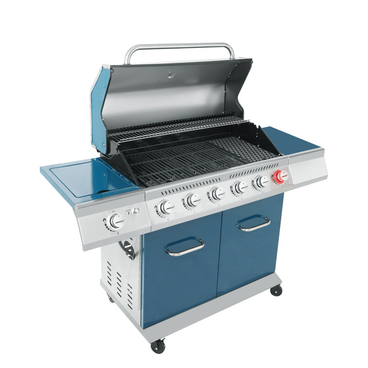 Blue 6-Burner Propane Gas Grill with Side Burner