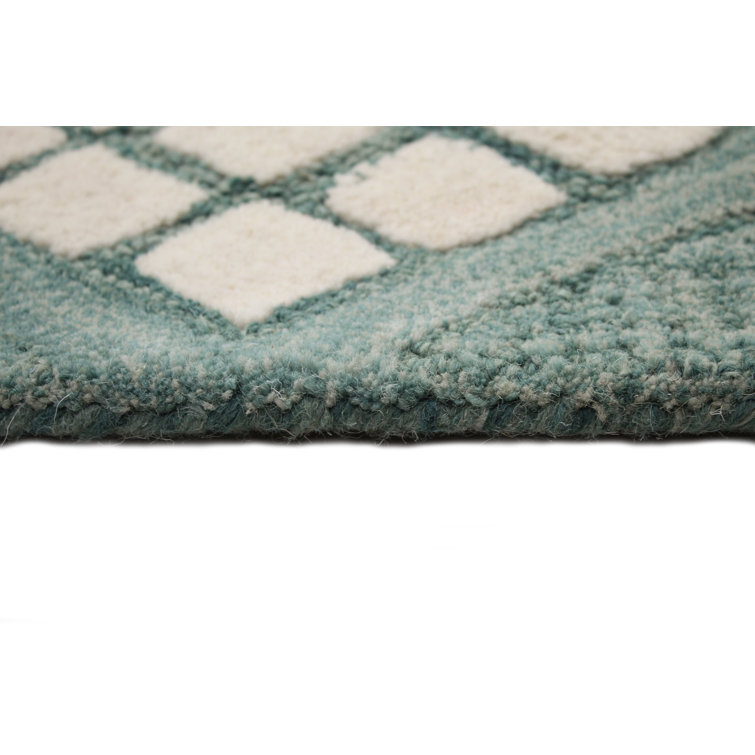 Teal and White Geometric Wool 5' x 7' Rug