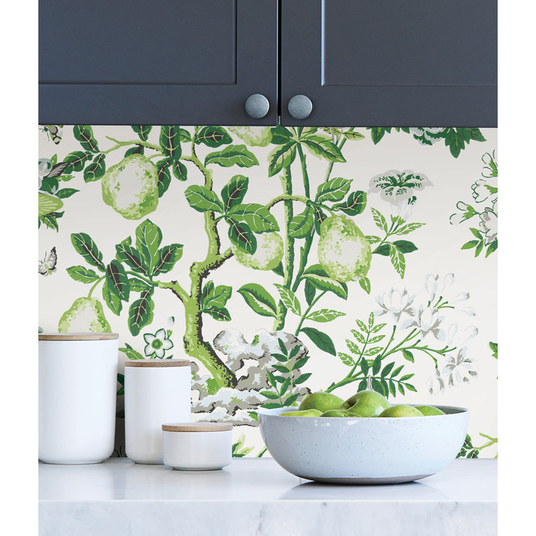 Green and White Floral Self-Adhesive Vinyl Wallpaper
