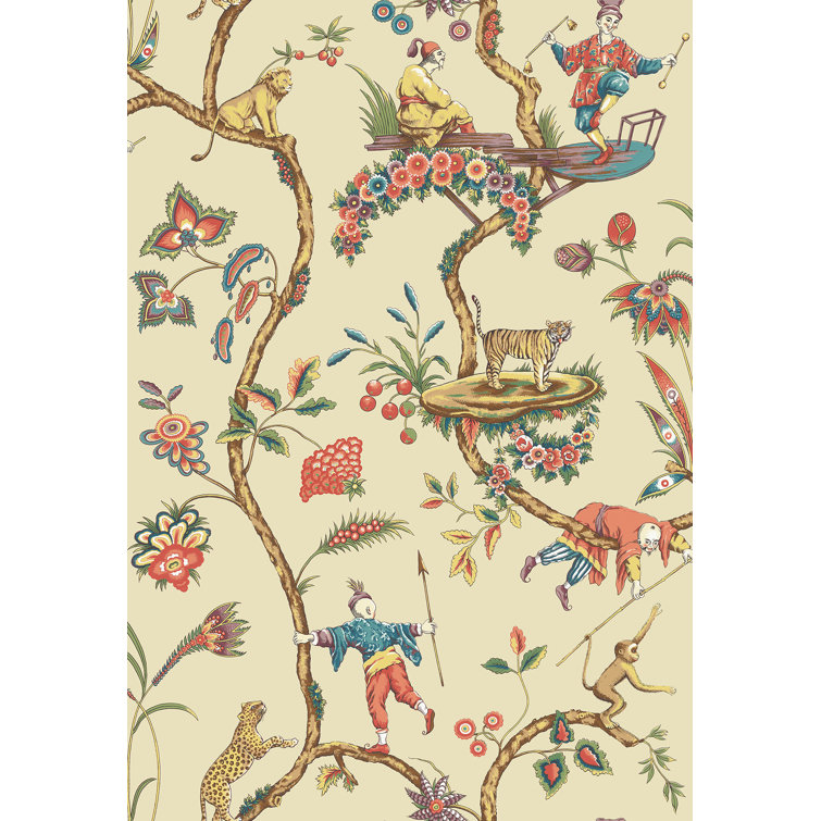 Ecru Chinoiserie Exotic Multicolor Vinyl Peel & Stick Wallpaper