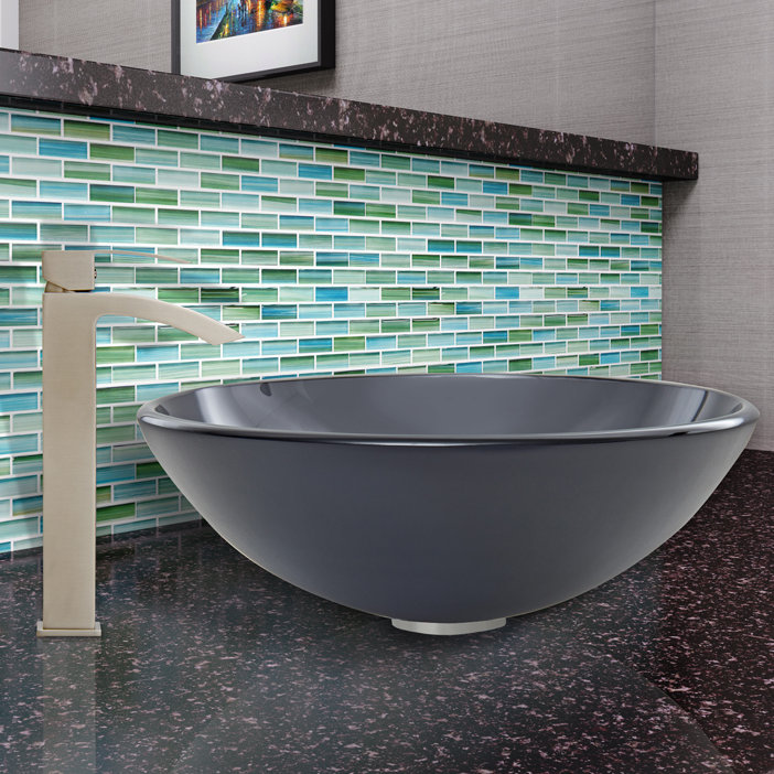 Simply Silver Round Glass Vessel Sink with Brushed Nickel Faucet