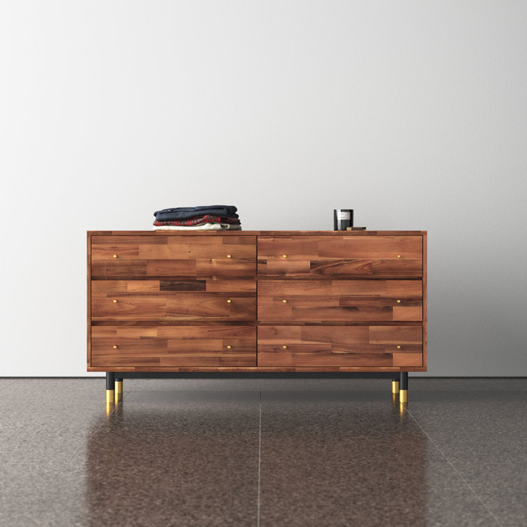 Dakota Mid-Century Solid Acacia Wood 6-Drawer Dresser with Gold Accents