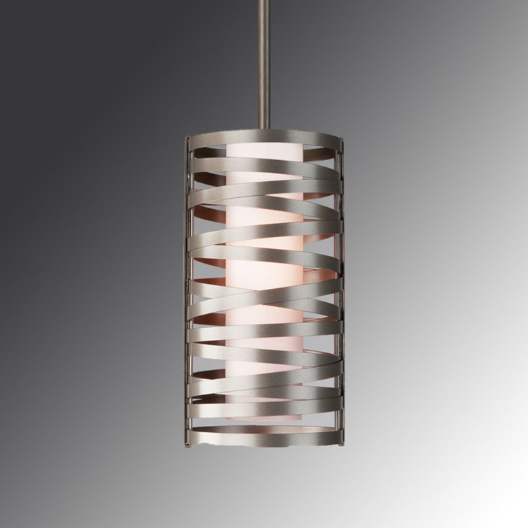 Metallic Beige Silver LED Glass Drum Pendant Light