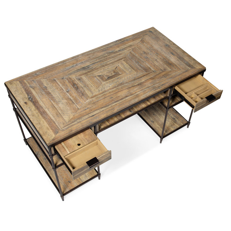 St. Armand Transitional Light Brown Acacia & Bronze Metal Home Office Desk