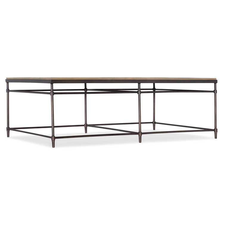 Transitional Acacia Wood and Bronze Metal Rectangular Cocktail Table