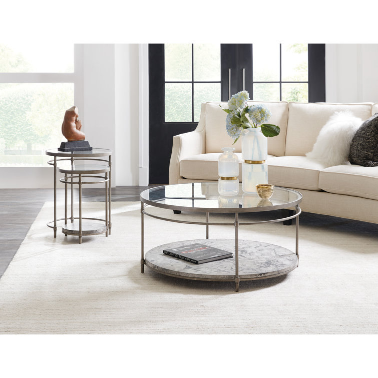 Champagne Metal Frame Round Coffee Table with Glass Top and Concrete Storage