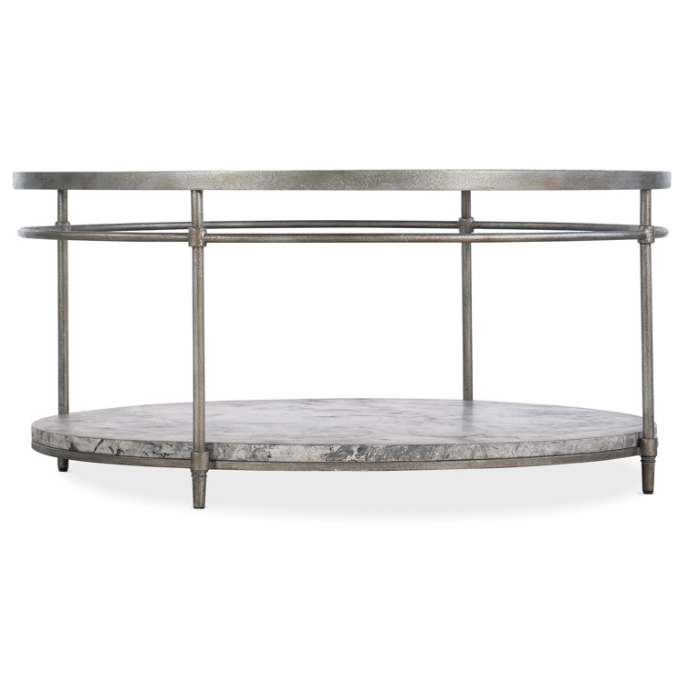 Champagne Metal Frame Round Coffee Table with Glass Top and Concrete Storage