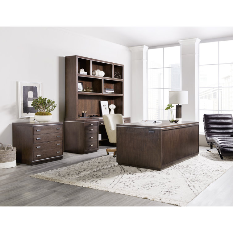 Dark Brown Wood Executive Desk with Filing Cabinet