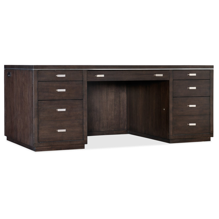Transitional Brown Wood Executive Desk with Drawers and Keyboard Tray